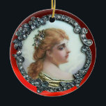ORNAMENTO DE CERÂMICA MULHER ROMÂNTICA COM FLORES DE DIAMANTE VINTAGE EN<br><div class="desc">Elegante imprimiu o esmalte vintage,  retrato romântico da senhora com diamantes...  Gemstones rubis vermelhos 3D vibrantes</div>