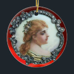 ORNAMENTO DE CERÂMICA MULHER ROMÂNTICA COM FLORES DE DIAMANTE VINTAGE EN<br><div class="desc">Elegante imprimiu o esmalte vintage,  retrato romântico da senhora com diamantes...  Gemstones rubis vermelhos 3D vibrantes</div>