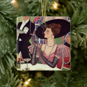 Ornamento De Cerâmica Mulher Vintage Fumando Cigarro e Bebendo Champanhe