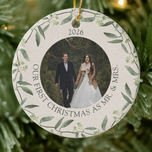 Ornamento De Cerâmica Musgo & Samambaia   Primeiro Natal como Sr. & Sra.