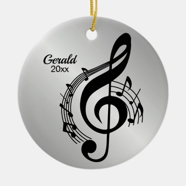 Ornamento De Cerâmica Music G Clef Personalizado Name / Year (Frente)
