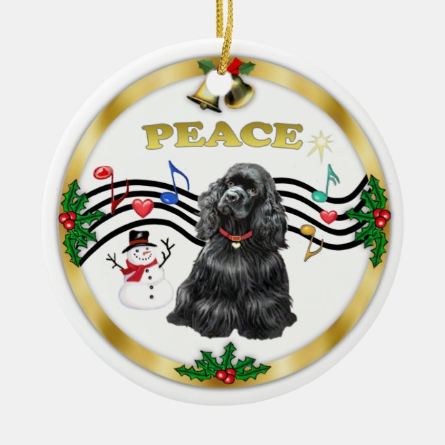 Ornamento De Cerâmica Música Xmas 1 - Cocker Preto da Paz (Frente)