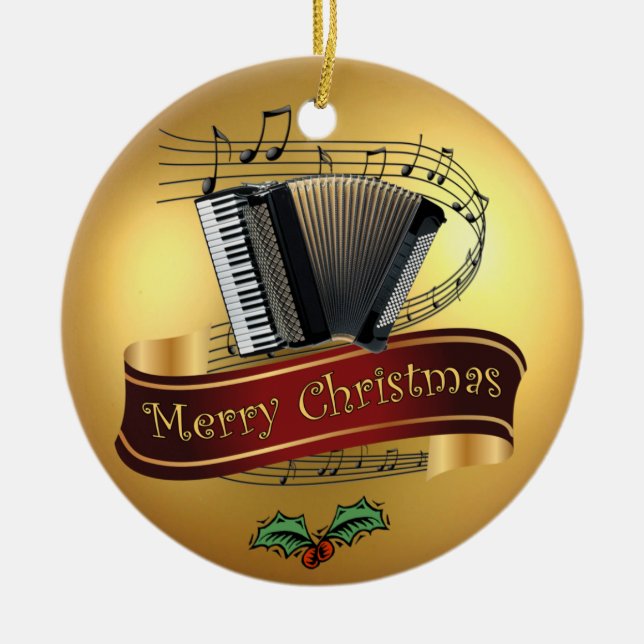 Ornamento De Cerâmica ~ musical Christmas~ alegre Dourado do rolo do ~ (Frente)