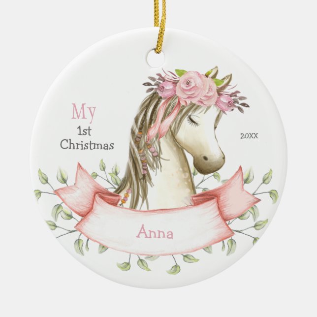 Ornamento De Cerâmica My 1st Christmas Boho Pony Name Pink (Frente)