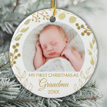 Ornamento De Cerâmica My First Christmas As Grandma Gold Foliage Photo<br><div class="desc">This elegant Grandma Christmas Ornament is decorated with gold foliage on a white background.
Easily customizable with baby's photo and year.
Original Watercolor © Michele Davies.</div>