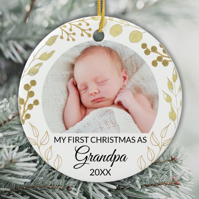 Ornamento De Cerâmica My First Christmas As Grandpa Photo Gold Foliage (Criador carregado)