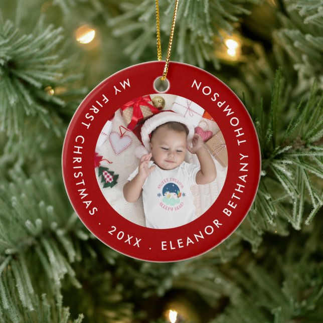 Ornamento De Cerâmica My First Christmas Baby Photo Name Year Ruby Red (Árvore)