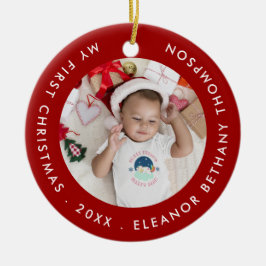 Ornamento De Cerâmica My First Christmas Baby Photo Name Year Ruby Red