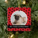 Ornamento De Cerâmica My First Christmas Red Custom Puppy Photo<br><div class="desc">Celebrate your furry family member’s Christmas debut with this adorable personalized keepsake ornament! Festive design features a pattern of paw prints, two photos of your pet dog (or cat) on the front and back with modern custom “My First Christmas”, their name, and birth year text. Red, black and white color...</div>