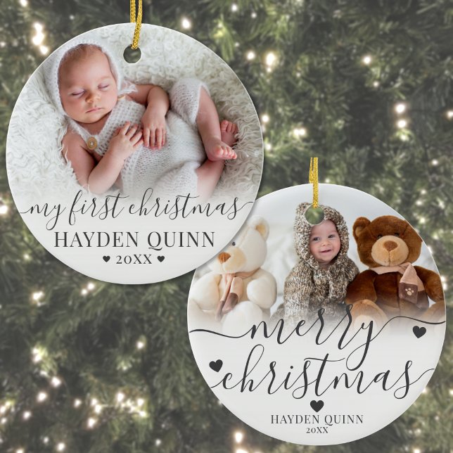 Ornamento De Cerâmica My First Christmas Script New Baby Photo (My First Christmas Script New Baby Photo Ceramic Ornament )