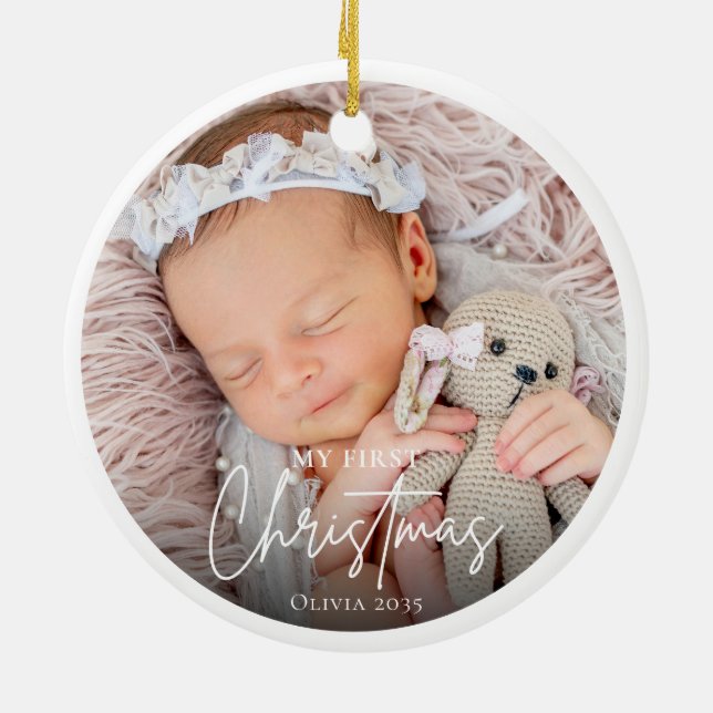 Ornamento De Cerâmica My First Christmas White Personalized Baby Photo (Traseira)