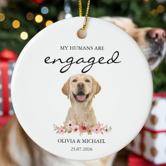Ornamento De Cerâmica My Humans Are Engaged Personalized Dog Photo