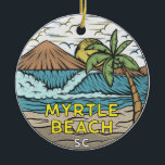 Ornamento De Cerâmica Myrtle Beach South Carolina Vintage<br><div class="desc">A ilustração de Myrtle Beach desenhada com montanhas e ondas oceânicas ao fundo. Perfeito para quem ama visitar Myrtle Beach.</div>