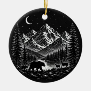 Ornamento De Cerâmica Mystic Mountain Wilderness Night Estilo Linocut