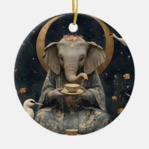 Ornamento De Cerâmica Mystical Elephant Tea Party Sob Lua Crescente