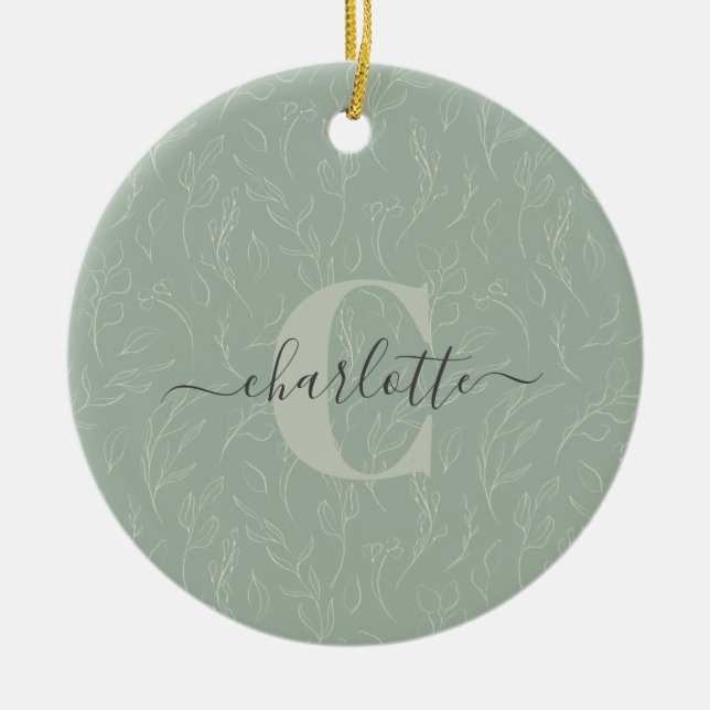 Ornamento De Cerâmica Na moda Rustic Sage Green Botanical Name (Frente)