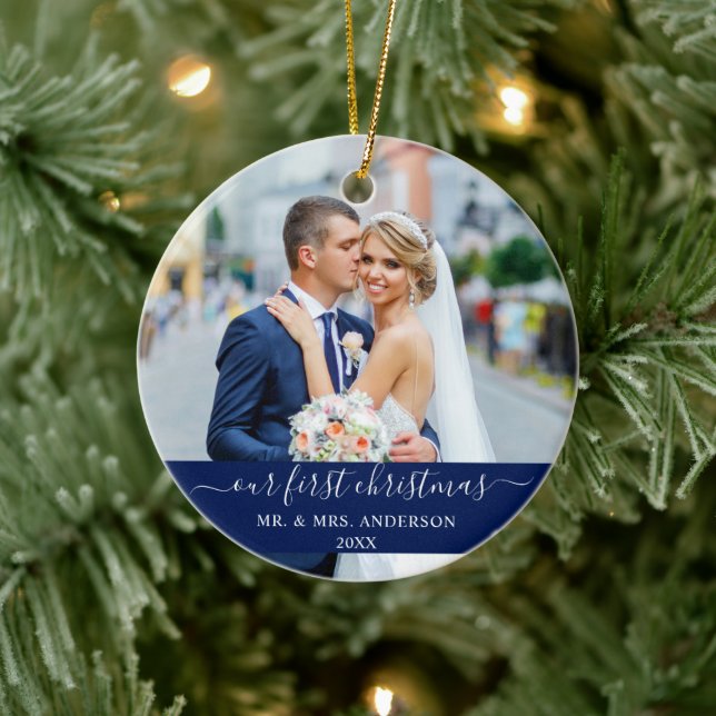 Ornamento De Cerâmica Na moda Script do nosso Primeiro Natal Azul (Árvore)