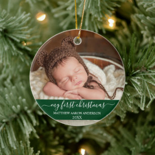 Ornamento De Cerâmica Na moda Script Meu Primeiro Natal Verde