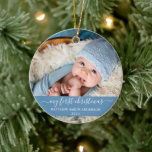 Ornamento De Cerâmica Na moda Script My First Christmas Baby Blue<br><div class="desc">Elegante Na moda Trendy Roteiro Meu Primeiro Bebê Foto de Natal Ornamento Azul Claro com Flocos de Neve de volta</div>