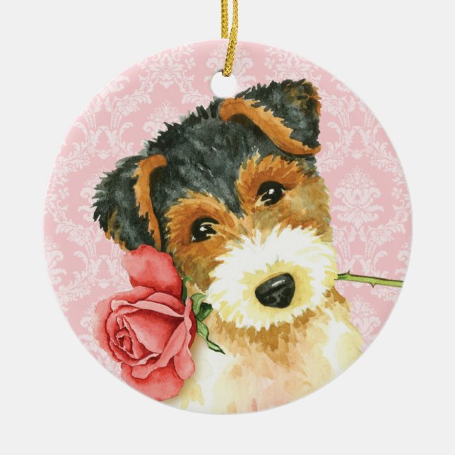 Ornamento De Cerâmica Namorados Rosa Fio Fox Terrier (Frente)