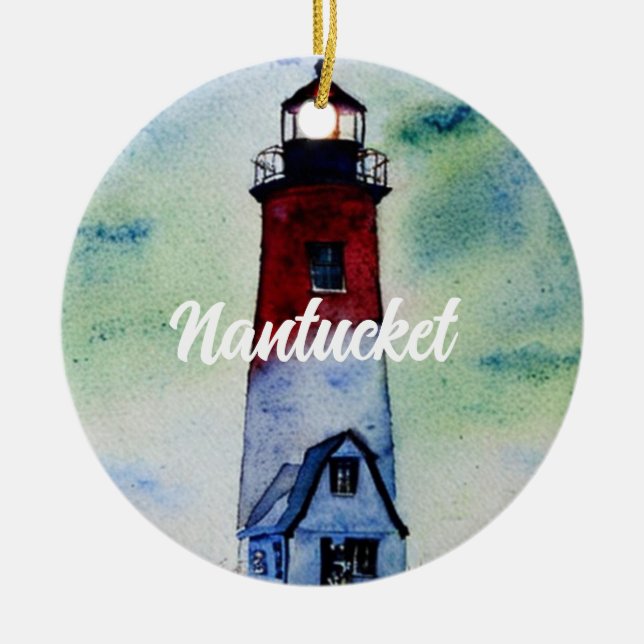Ornamento De Cerâmica Nantucket Massachusetts Lighthouse Watercolor (Frente)