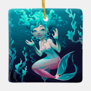 Ornamento De Cerâmica Natação azul da sereia no oceano