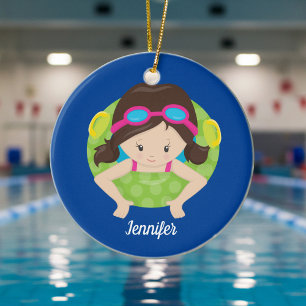 Ornamento De Cerâmica Natação de Boneca Monograma Azul Natal