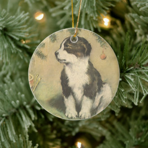 Ornamento De Cerâmica Natais vintages, Cachorro Bonito Sob Árvore De Nat