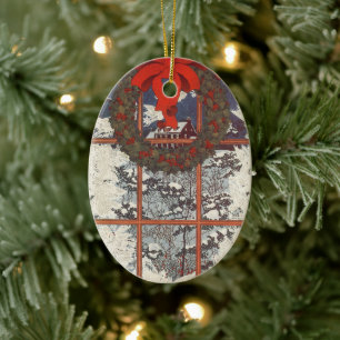 Ornamento De Cerâmica Natais vintages em uma janela com neve