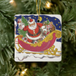 Ornamento De Cerâmica Natais vintages, Jolly Papai Noel com Sleigh<br><div class="desc">Ilustração Vintage design de Natal do clássico livro de histórias infantis "Twas the Night Before Christmas" (A noite antes do Natal). Este design apresenta um Papai Noel alegre com sua diversão de brinquedos sendo puxados por sua equipe de renas. Papais noeis estão prestes a entregar alguns brinquedos na chaminé.</div>