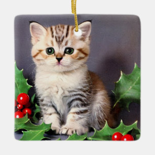 Ornamento De Cerâmica Natais vintages Kitten e Holly