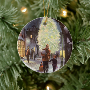 Ornamento De Cerâmica Natais vintages, Pai Comprando com as Crianças