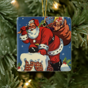 Ornamento De Cerâmica Natais vintages, Papai Noel Abaixo Chimney w Toys