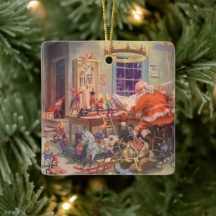 Ornamento De Cerâmica Natais vintages, Papai Noel com o Workshop Elves