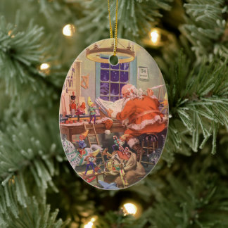 Ornamento De Cerâmica Natais vintages, Papai Noel com o Workshop Elves