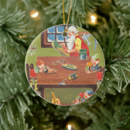 Ornamento De Cerâmica Natais vintages Papais noeis com Elves no Workshop
