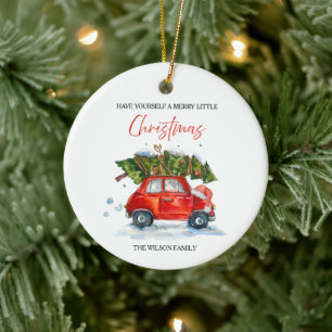Ornamento De Cerâmica Natais vintages Red Car & Tree