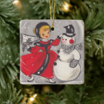 Ornamento De Cerâmica Natais vintages Snowman Dançando Com Rapariga<br><div class="desc">Retro Bonito Natal vintage Snowman Dançando Com O Ornamento De Cerâmica De Feriado Rapariga.</div>