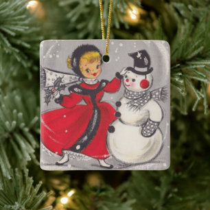 Ornamento De Cerâmica Natais vintages Snowman Dançando Com Rapariga
