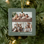 Ornamento De Cerâmica Natal 4 Família Fotografias Collage Sage Green<br><div class="desc">Comemore a temporada com este personalizado Ornamento Familiar de Colagem de Fotos de Natal. Apresentando espaço para três de suas fotos favoritas da família na frente, e uma no verso, esta manutenção é a maneira perfeita de mostrar memórias especiais do ano. O verso mostra um charmoso padrão de inverno de...</div>