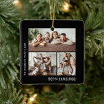 Ornamento De Cerâmica Natal 4 Família Fotos Collage Black and White<br><div class="desc">Comemore a temporada com este personalizado Ornamento Familiar de Colagem de Fotos de Natal. Apresentando espaço para três de suas fotos favoritas da família na frente, e uma no verso, esta manutenção é a maneira perfeita de mostrar memórias especiais do ano. O verso mostra um charmoso padrão de inverno de...</div>