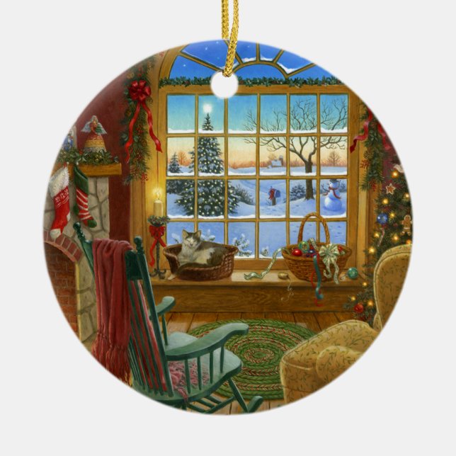 Ornamento De Cerâmica Natal acolhedor do gato (Frente)