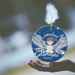 Ornamento De Cerâmica Natal Angel Stars Foto Blue Cute Cerâmica Ou