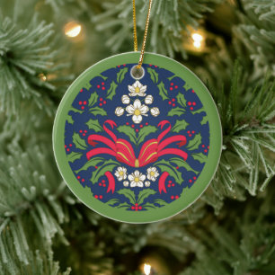 Ornamento De Cerâmica Natal Antigo Feliz, Folhas de Azevinho, Laço Amarr