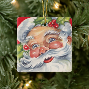 Ornamento De Cerâmica Natal Antigo, Papai Noel Alegre com seu Chapéu