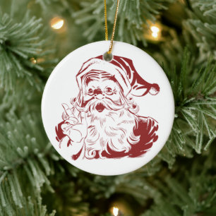 Ornamento De Cerâmica Natal Antigo, Papai Noel Alegre Retro em Vermelho