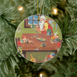 Ornamento De Cerâmica Natal Antigo Papai Noel com Elfos na Oficina