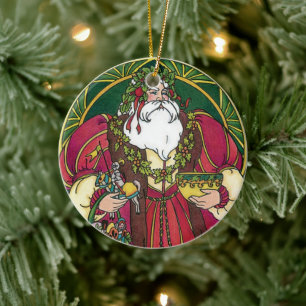 Ornamento De Cerâmica Natal Antigo, Papai Noel com Folhas de Azevinho