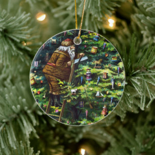 Ornamento De Cerâmica Natal Antigo, Papai Noel Vitoriano com Árvore