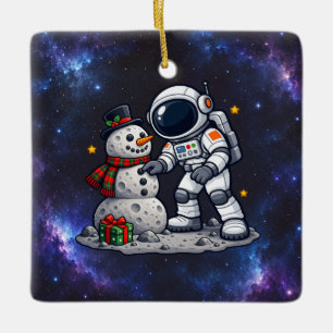 Ornamento De Cerâmica Natal Astronaut Construindo um Boneco de Neve na L